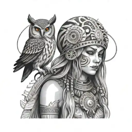 Female Shaman With Owl As Hat Surrounded