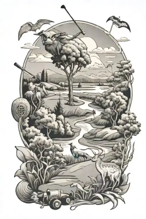 Golf Course Landscape Scene Featuring Various Animals