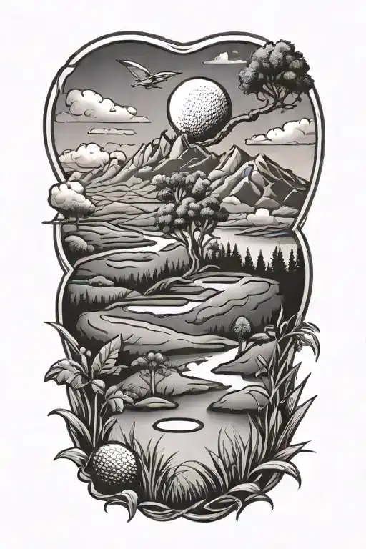 Golf Landscape Tattoo Featuring Iconic Symbols