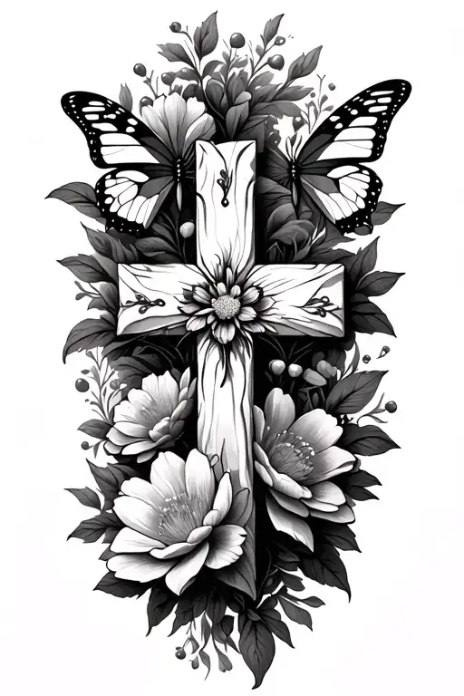 Cross In The Middle With Flowers Around It And Two Butterflies