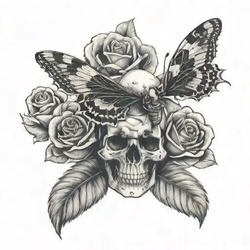 A Moth Flying By A Rose And A Skull Surrounded