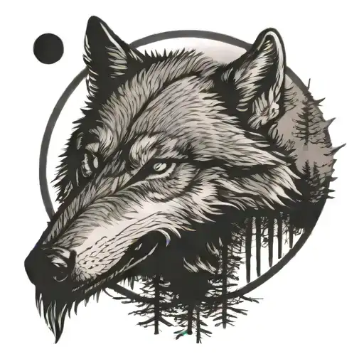 Wolf Face Without Eye With Scars And Trees Behind And A Moon