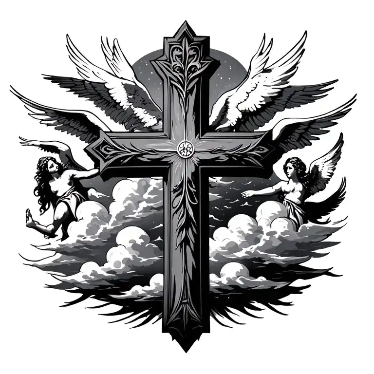 Cross With Clouds And Angels Flying