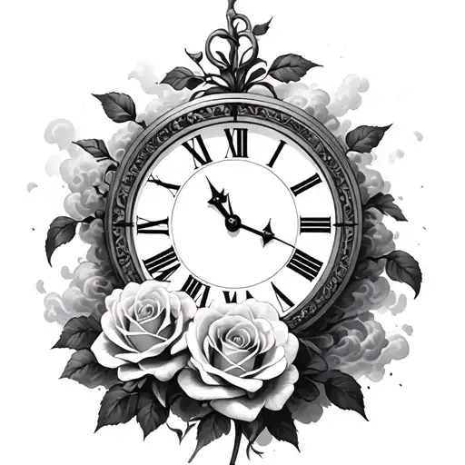 Time In Roman Numeral Numbers With Roses Surrounded By Clouds