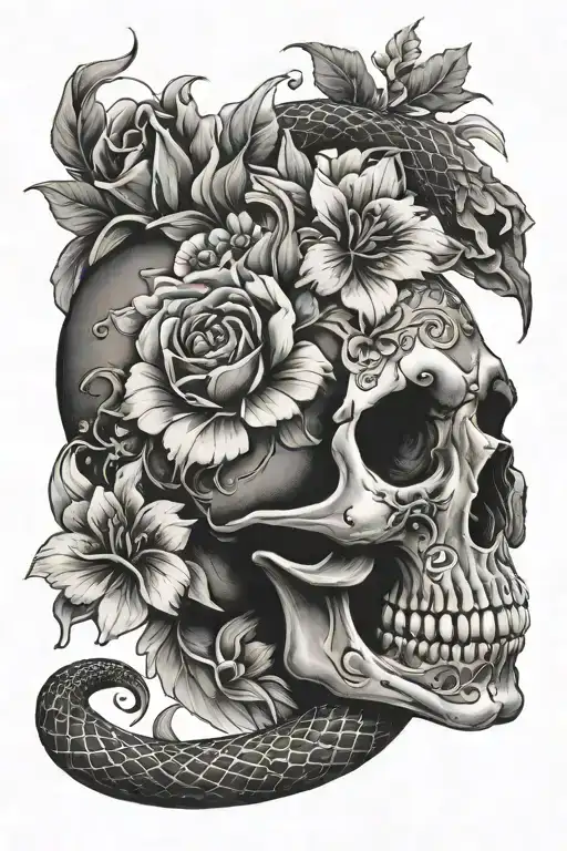 Skull And Snake With Flowers