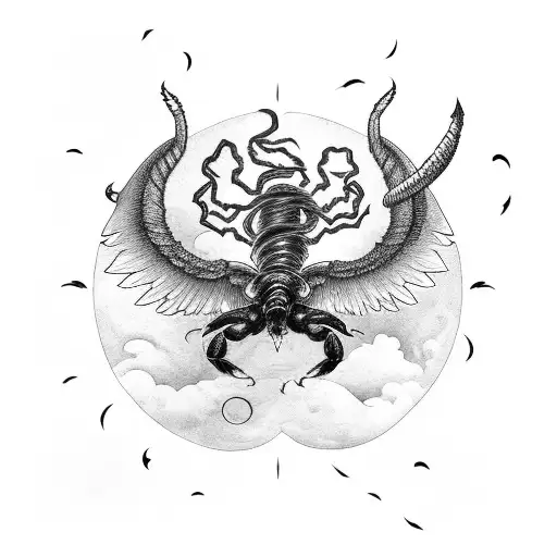 Scorpion With Phoenix Wings Surrounded By A Stormy Night Sky