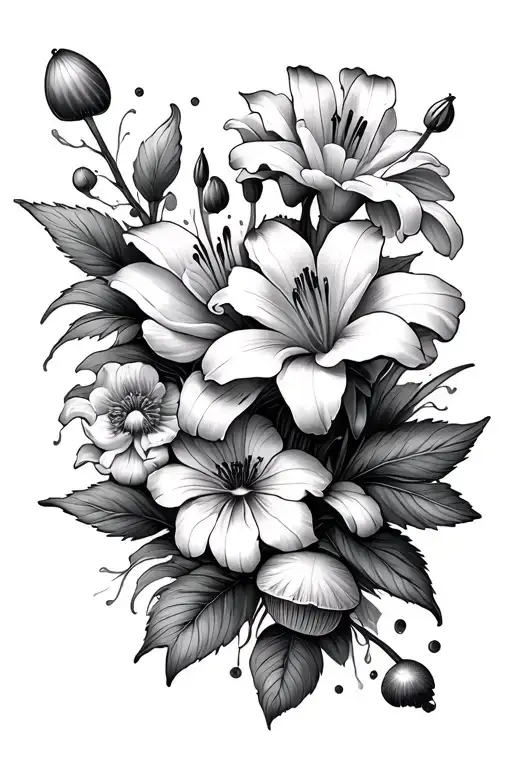 Swirling Around Lily Flowers And Peonies And Cute Mushrooms