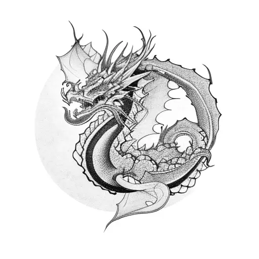 A Sensual Black And Grey Tattoo Of A Dragon With Cherry Blossoms