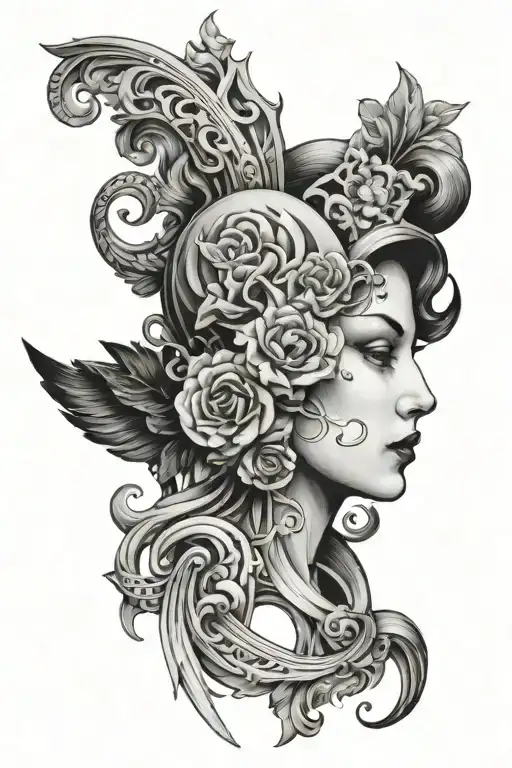 A Futurist Women Black And White Tattoo With Renaissance Era Style
