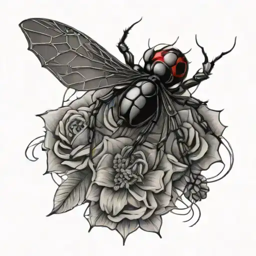 Black Widow Spider With Web And Flowers