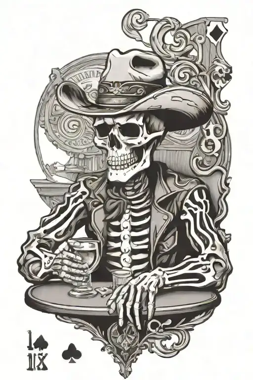 Skeleton Cowboy At Poker Table With Longhorn Skull On Wall At A Bar Setting