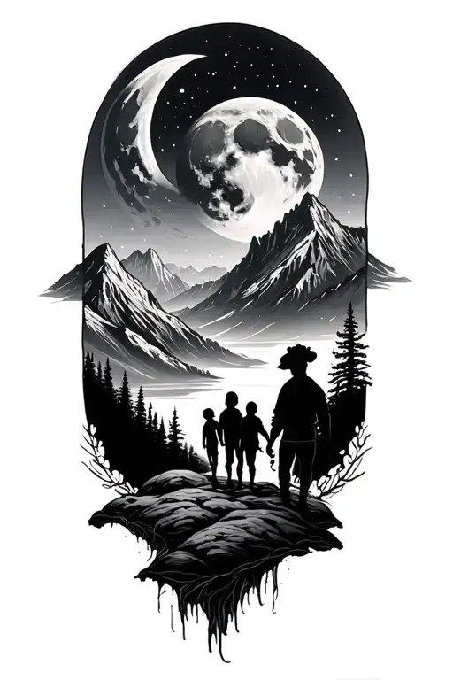 Mountain Landscape And Father And Three Children And Giant Moon
