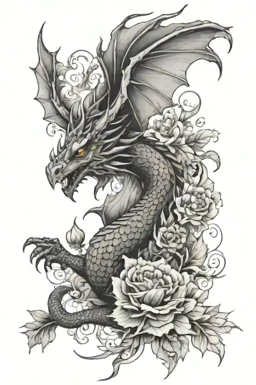 Dragon With Wings With Flowers Surrounding It For Thigh