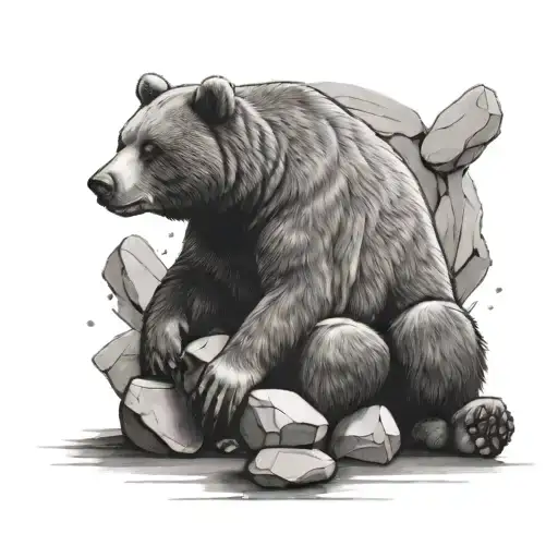 Bear Sitting Down Surrounded By Three Stones Balanced
