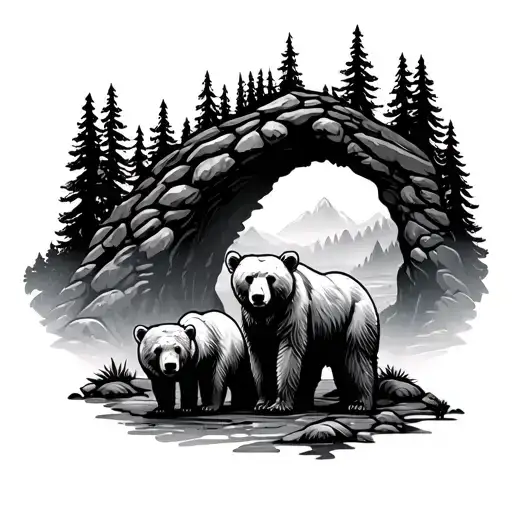3 Bears In Front Of A Cave Surrounded By A Forest Landscape