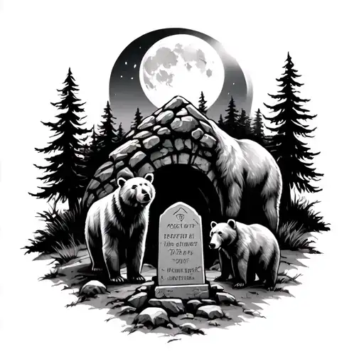 3 Bears In Front Of A Cave And Grave Stone Surrounded By Forest And Moonlight