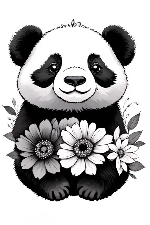 Cute Panda With Half Face As Flowers Intertwined