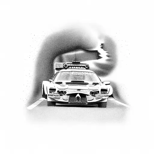 A Realistic Black And Grey Tattoo Of A Rally Car Speeding Through A Winding Road