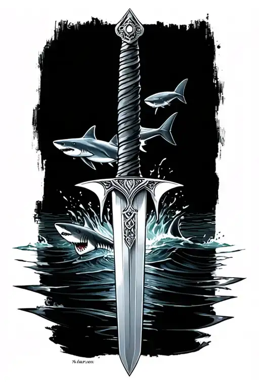 Sword With Water Effects With Sharks Swimming Around It