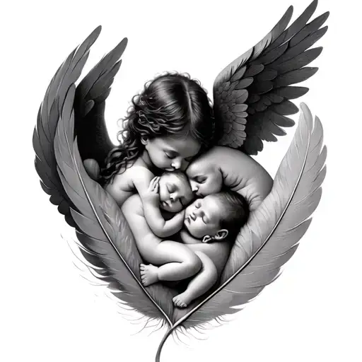 Three Angel Babies Sleeping Peacefully Feather