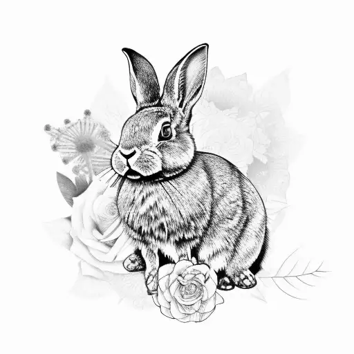 A Black And Grey Tattoo Of A Rabbit Surrounded By Intricate Floral Patterns