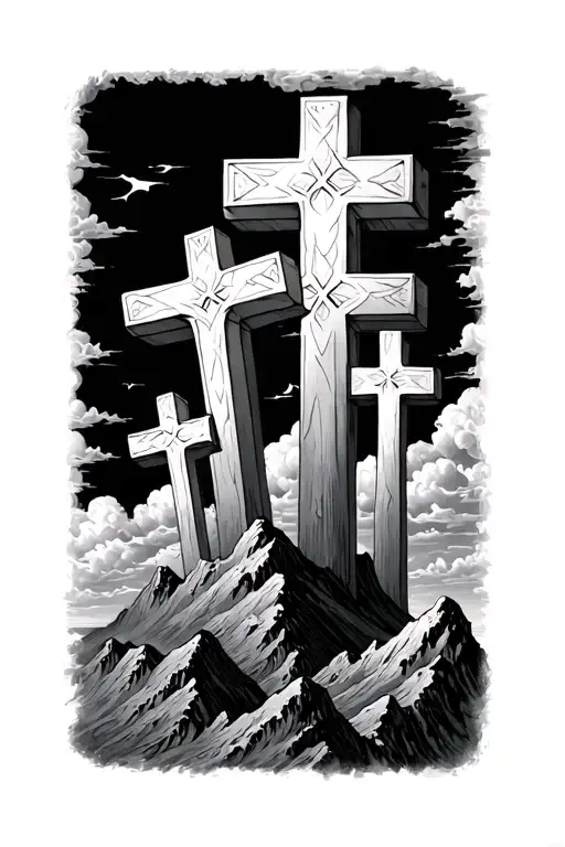 3 Crosses Vertical With Clouds Above And Mountians Below