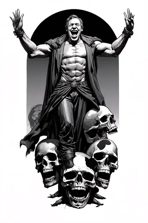 Rich Man Standing On Skulls Laughing With Hands Raised