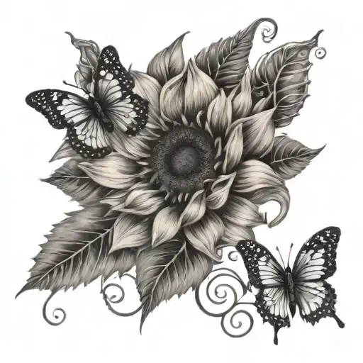 Swirls And Twists Around Sunflower And Butterflies