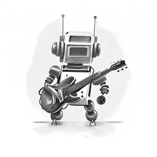 A Black-grey Tattoo Of A Robot Playing A Guitar