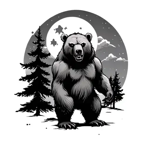 Angry Bear Standing In The Dark With Glowing Eyes Moon And Trees