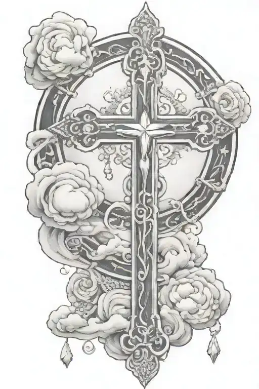 Cross With Rosary And Cloud Background