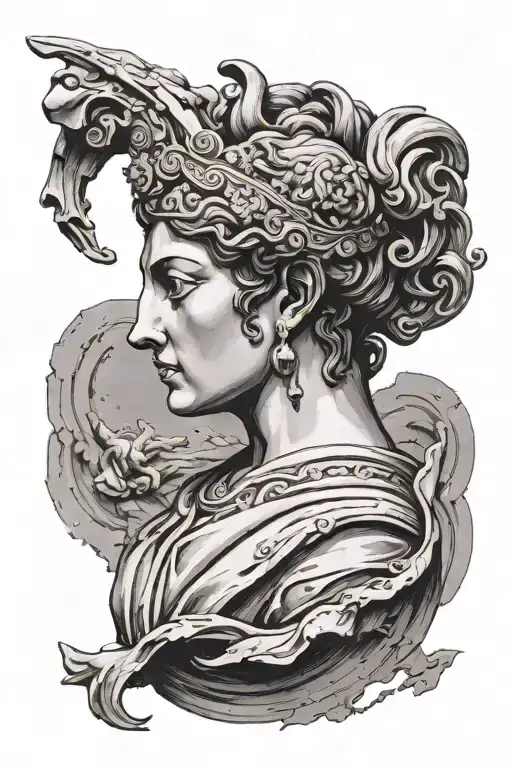 A Female Greek Statue With The Top Of Its Head Broken And Space Coming Out Of The Hole In Its Head