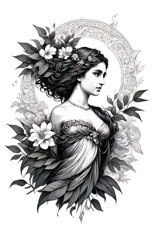 Greek Mythology Goddess That Means Safety And Protection With Plants And Shading Clouds