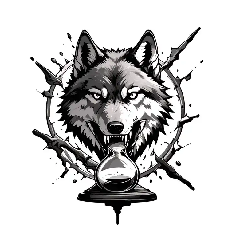 Wolf Head Breaking An Hourglass With His Teeth