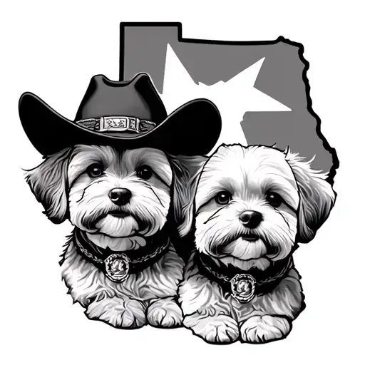 Two Maltipoo Dogs With Cowboy Hat Inside Texas State With Lone Star