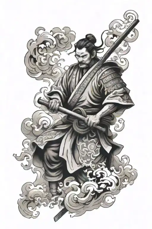 Samurai Holding Kanabo Surrounded By Smoke Rising