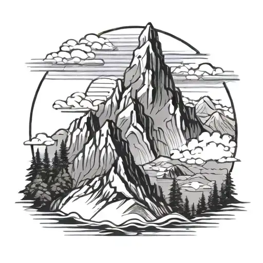 Combine Elements Of Uttarakhand Culture With Mountain Silhouettes In A Black-grey Tattoo Design