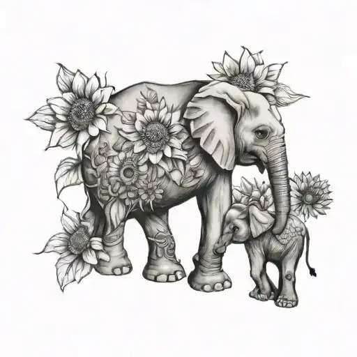 Sunflowers And Baby Elephant Surrounded