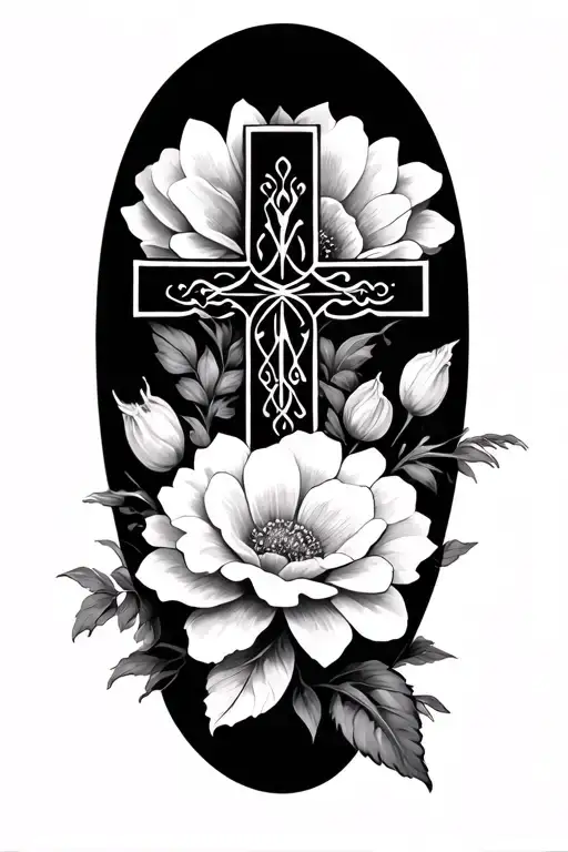 Cross And Wigs Surround Flowers Intertwined