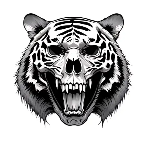 A Human Skull Under A Tiger Skull With Large Teeth