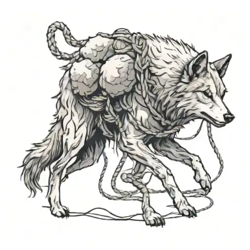 A Walking Wolf Carrying Sheep Wool On Its Back That Is Tied With Rope