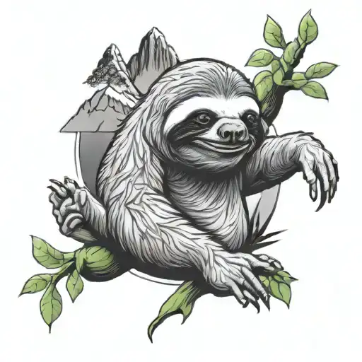 Sloth Giving Peace Sign With Frog And A Large Mountain In The Background