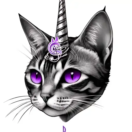 Cierian Cat Head With A Unicorn Purple Eyes And A Musical Note On The Face