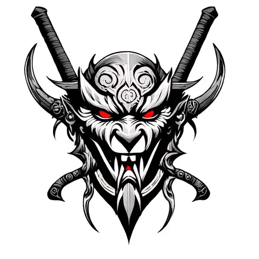 Oni Mask With Sword And Red Eyes