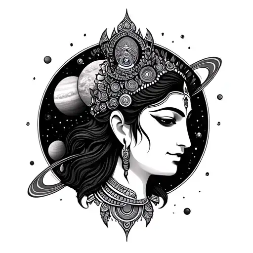 Kali Goddess Head And Planets In The Background