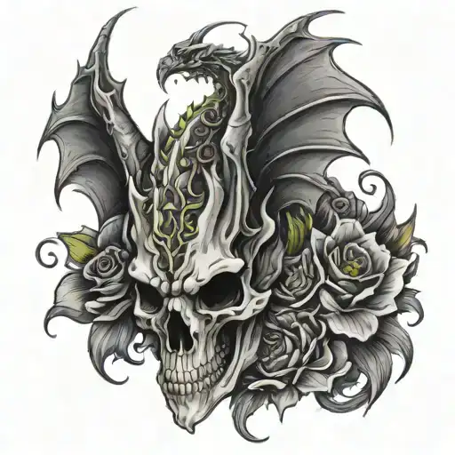 Bahamut Dragon Skull With Flowers Blooming