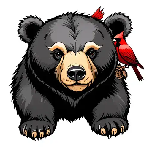 Realistic Bear Sitting With Red Cardinal On The Shoulder