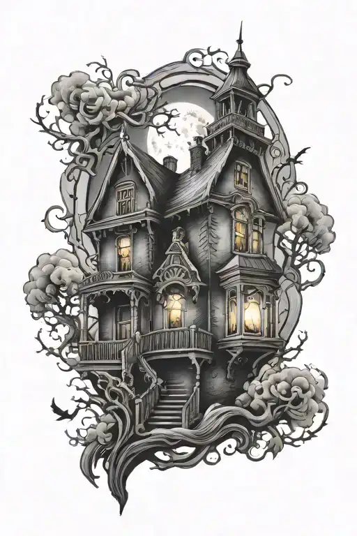 Haunted House With Gaslight And Crescent Moon