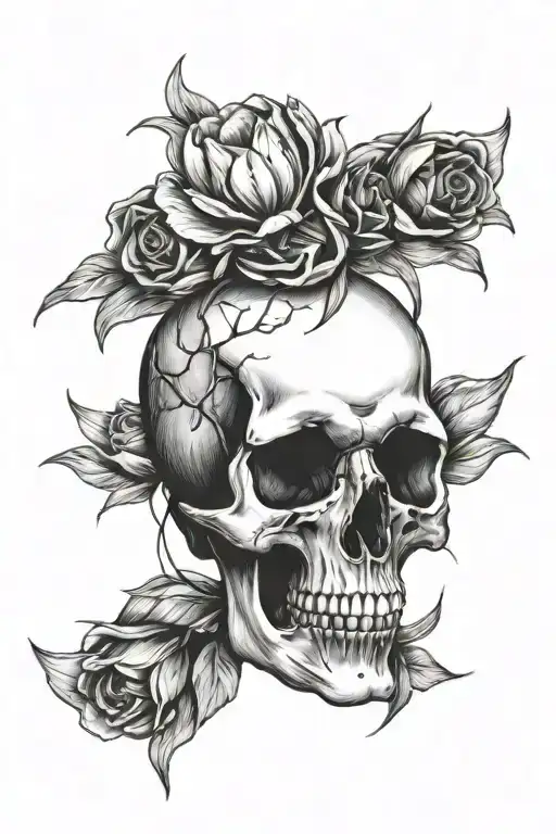 Skull Design Facing Towards The Left With Tulips And Roses And Any Other Flowers
