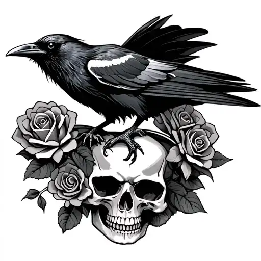 Raven Perched On A Skull With Roses Intertwined And A Snake Eating Itself